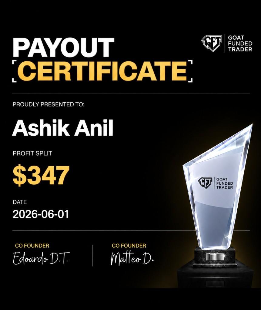 Payout certificate presented to Ashik Anil. Profit split $347. Date 2026-06-01.